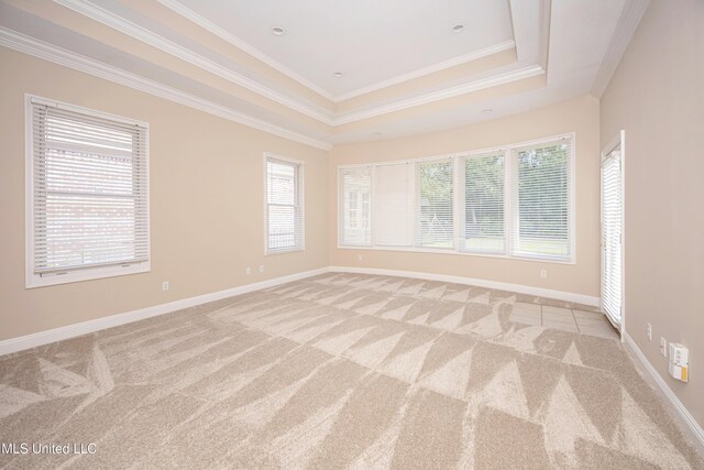 unfurnished room with light carpet, crown molding, a raised ceiling, and baseboards