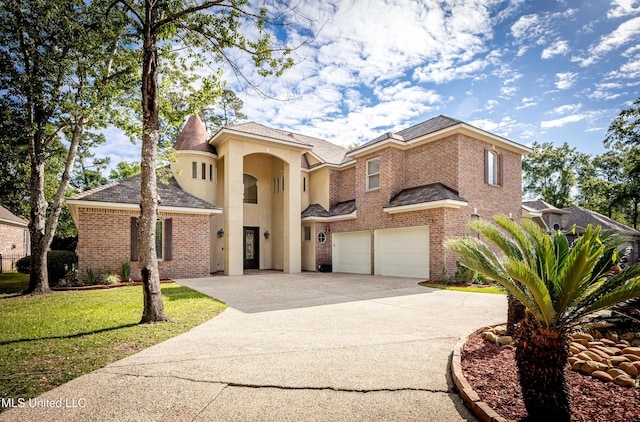 view of front facade with a garage, concrete driveway, brick siding, and a front yard