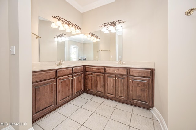 full bathroom featuring crown molding, tile patterned flooring, and double vanity
