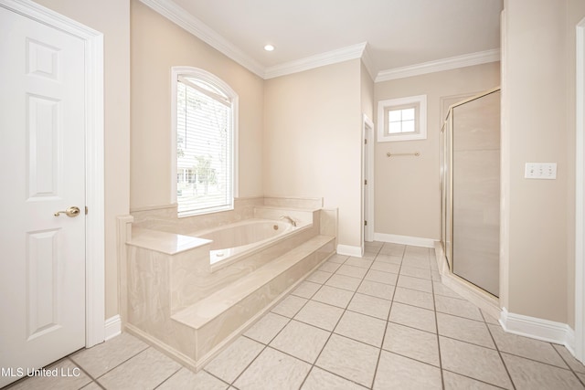 full bathroom featuring a stall shower, ornamental molding, a bath, tile patterned flooring, and baseboards