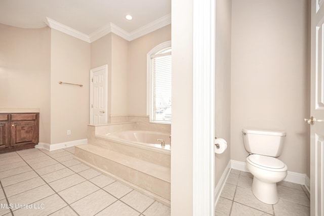 full bath with crown molding, tile patterned floors, toilet, a garden tub, and baseboards
