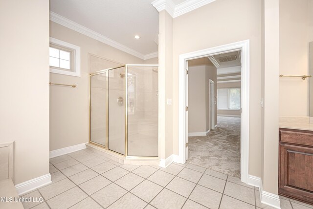 full bath featuring crown molding, a stall shower, tile patterned floors, baseboards, and recessed lighting
