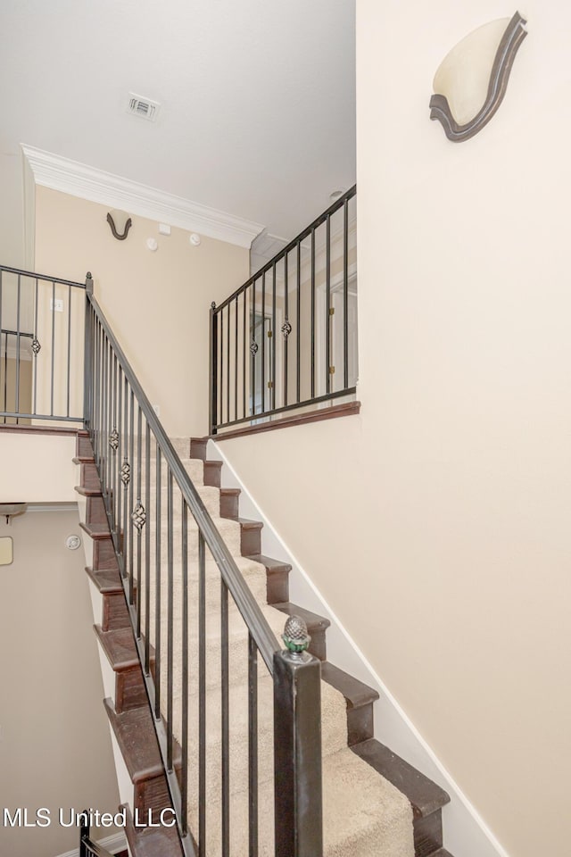 stairs featuring ornamental molding