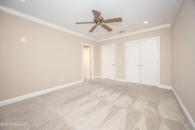 unfurnished bedroom with recessed lighting, ornamental molding, light carpet, baseboards, and ceiling fan