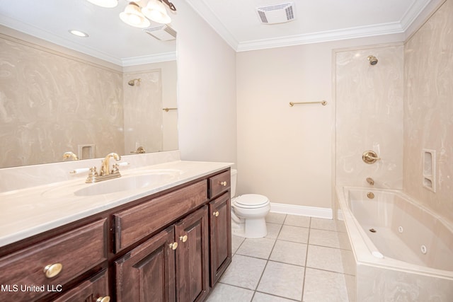 full bathroom with toilet, tile patterned floors, vanity, crown molding, and a combined bath / shower with jetted tub
