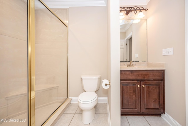 full bath featuring ornamental molding, tile patterned floors, toilet, a shower stall, and baseboards