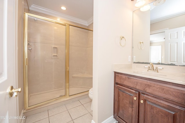 full bath with crown molding, toilet, tile patterned floors, a shower stall, and vanity