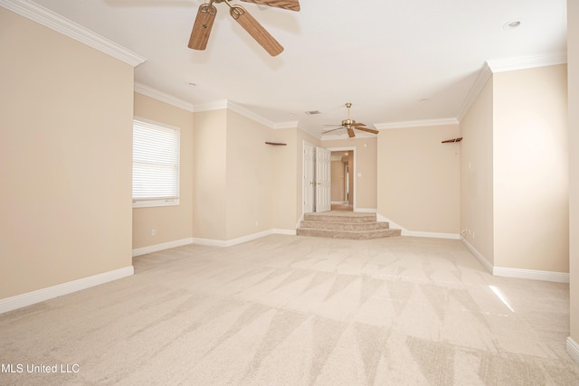 unfurnished living room featuring ceiling fan, light colored carpet, crown molding, and baseboards