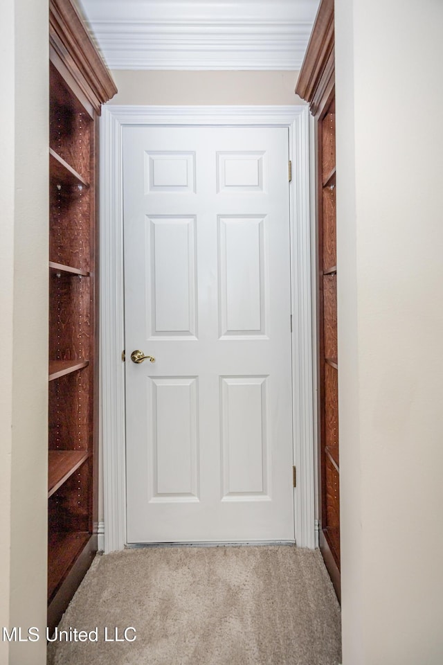 hallway featuring carpet floors and ornamental molding