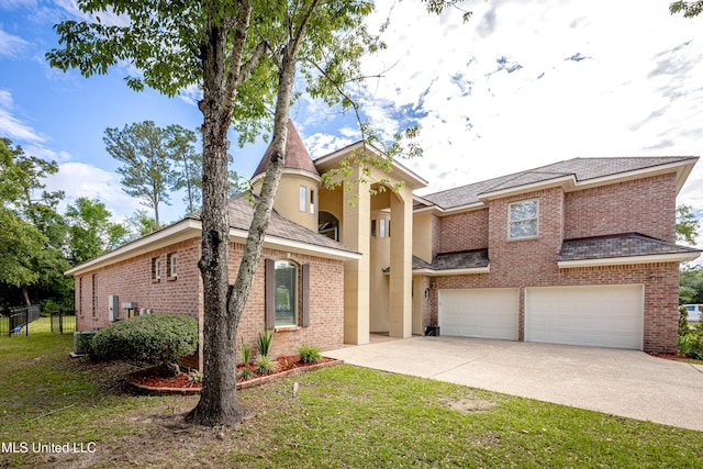view of front of property with concrete driveway, a shingled roof, and brick siding