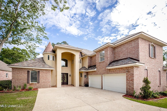 view of front facade featuring driveway, a garage, brick siding, and a shingled roof