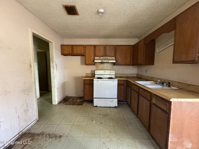 908 Wabash Ave, Vicksburg, MS 39183 - kitchen with visible vents, white electric range, under cabinet range hood, brown cabinetry, and light floors