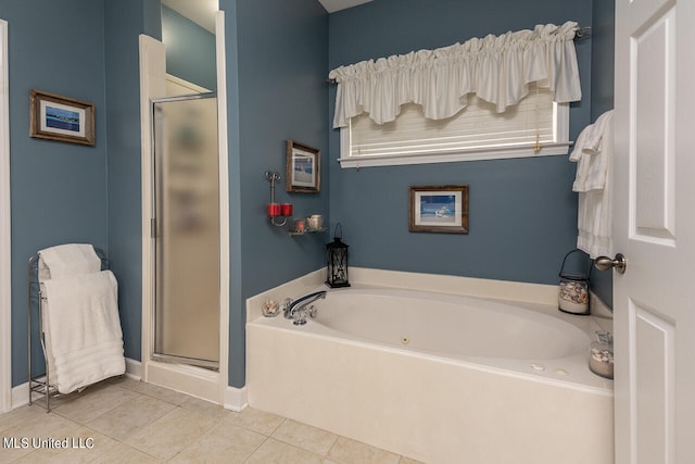 bathroom featuring tile patterned floors and plus walk in shower