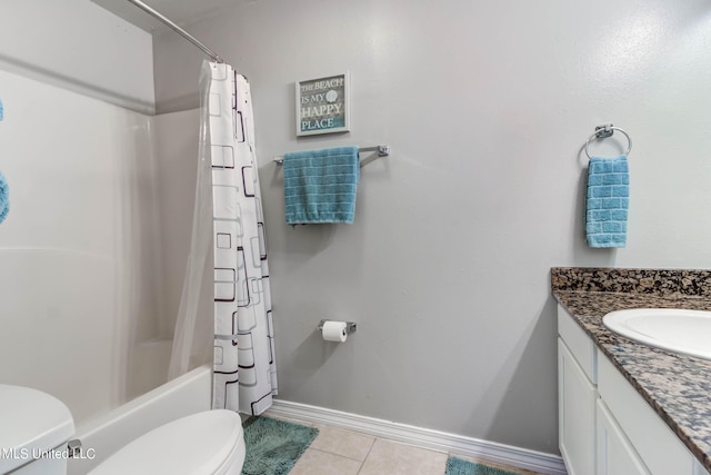 full bathroom with vanity, toilet, tile patterned floors, and shower / tub combo with curtain