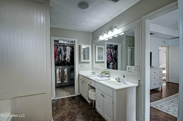 bathroom with vanity, wood-type flooring, and a textured ceiling