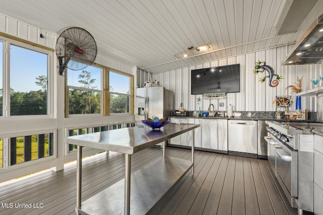 kitchen with ventilation hood, a healthy amount of sunlight, hardwood / wood-style floors, and appliances with stainless steel finishes