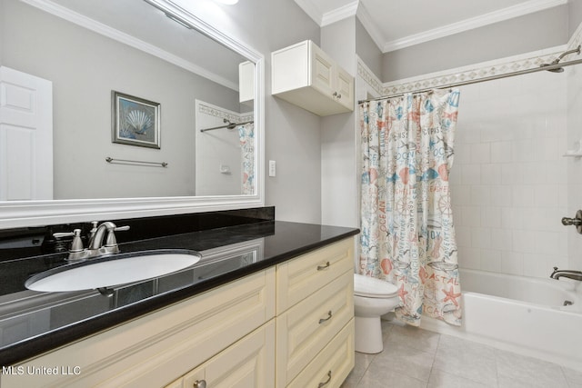 full bathroom featuring shower / bath combo, vanity, tile patterned flooring, toilet, and ornamental molding