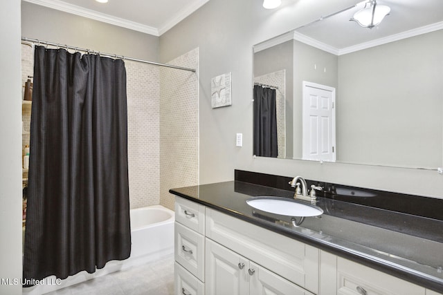 bathroom featuring shower / bath combo, vanity, and ornamental molding