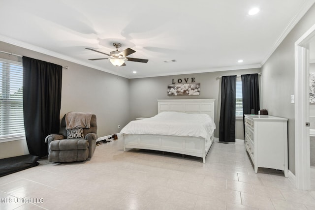 tiled bedroom featuring ceiling fan and ornamental molding