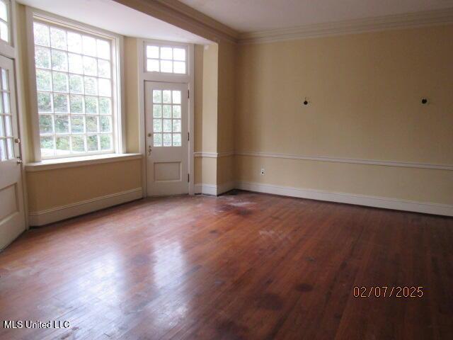 spare room featuring ornamental molding and hardwood / wood-style floors