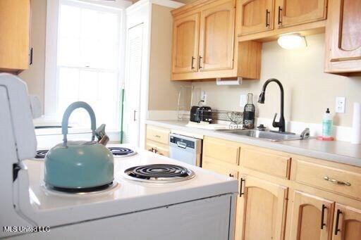 1116 Main St, Natchez, MS 39120 - kitchen featuring white appliances, light brown cabinets, light countertops, and a sink