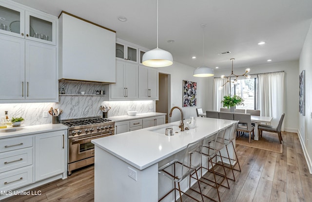 kitchen featuring white cabinetry, sink, a kitchen island with sink, and stainless steel stove