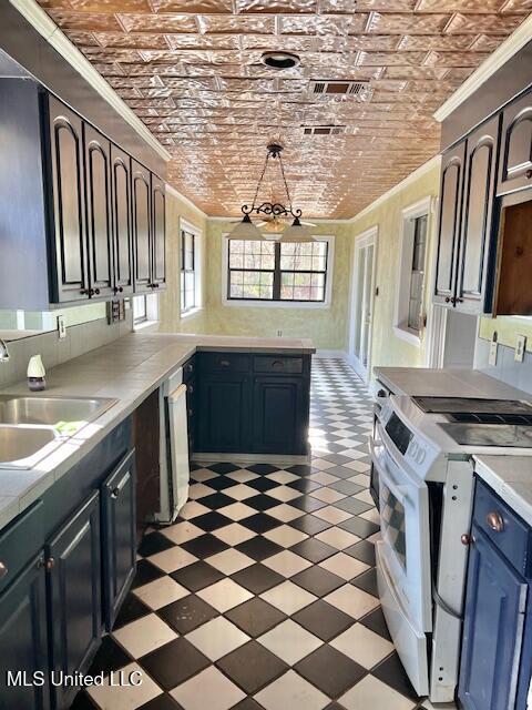 kitchen with dishwasher, brick ceiling, sink, and white electric range