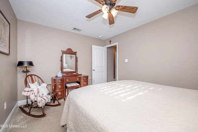 bedroom with visible vents, ceiling fan, carpet, and baseboards