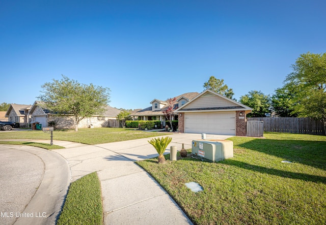 view of front facade with concrete driveway, a front yard, brick siding, and fence