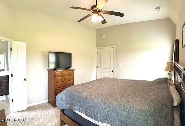 bedroom with baseboards, visible vents, ceiling fan, vaulted ceiling, and carpet flooring