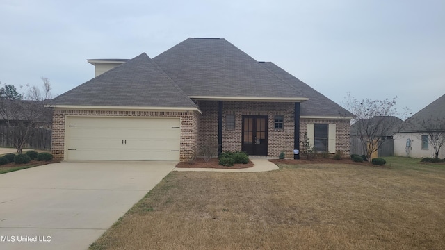 view of front of home featuring a front yard and a garage