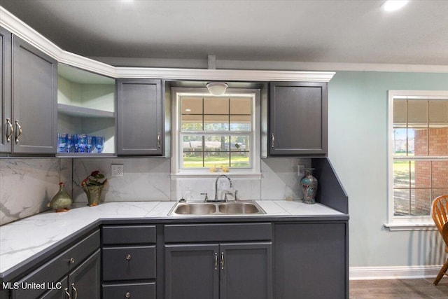 kitchen with a wealth of natural light, sink, dark wood-type flooring, and tasteful backsplash