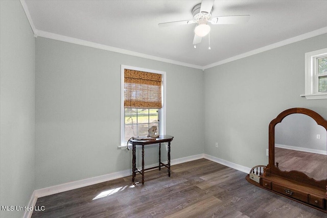 interior space with ornamental molding, dark hardwood / wood-style floors, a healthy amount of sunlight, and ceiling fan