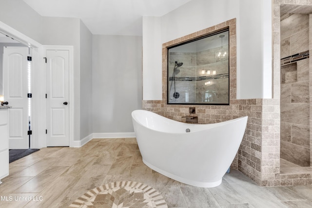 full bathroom featuring tiled shower, tile walls, and a soaking tub