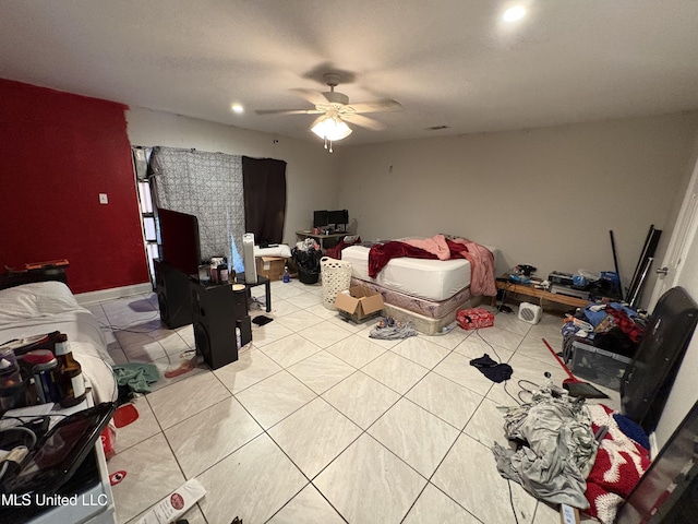 bedroom with light tile patterned floors, recessed lighting, and a ceiling fan