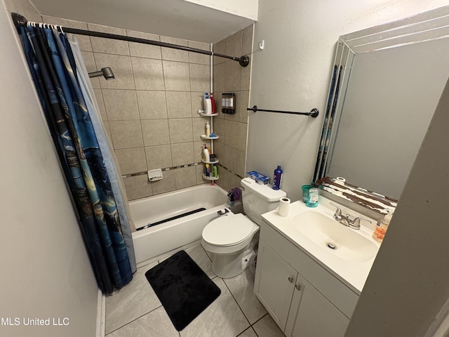 bathroom featuring vanity, toilet, tile patterned floors, and shower / bath combination with curtain