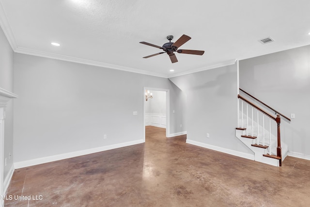 unfurnished living room featuring ceiling fan, recessed lighting, visible vents, baseboards, and stairway