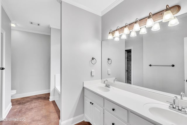 bathroom featuring vanity, a bath, crown molding, and toilet