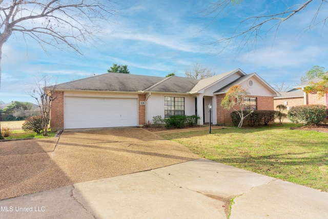 ranch-style house with a garage and a front lawn