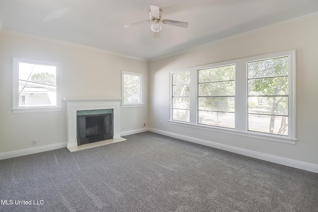 unfurnished living room with carpet, ceiling fan, and ornamental molding