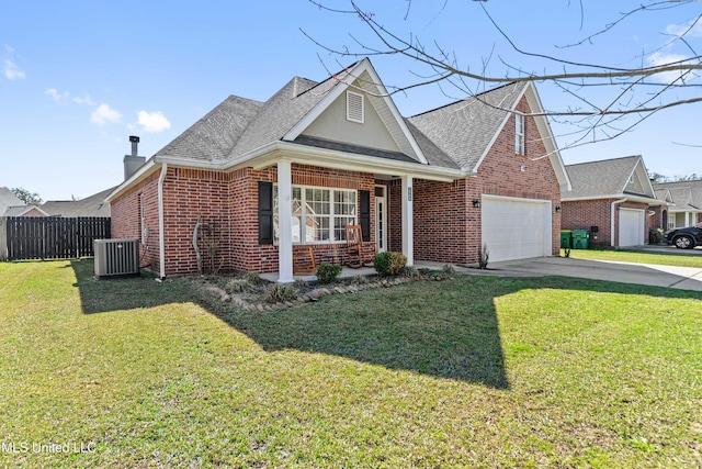 traditional home featuring covered porch, brick siding, central AC unit, and fence