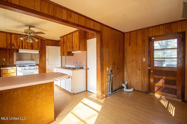 kitchen featuring wooden walls, white gas range, ceiling fan, crown molding, and light wood-type flooring