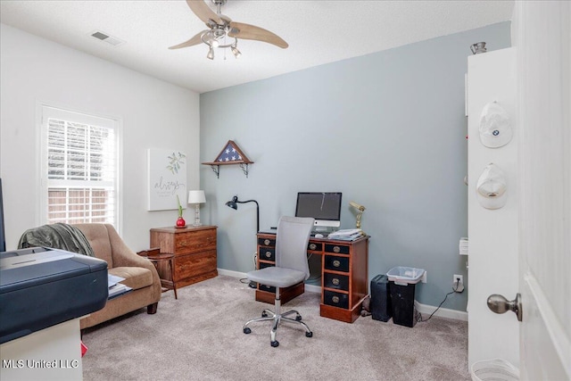 7199 Terrace Stone Dr, Olive Branch, MS 38654 - office space with baseboards, a ceiling fan, visible vents, and carpet