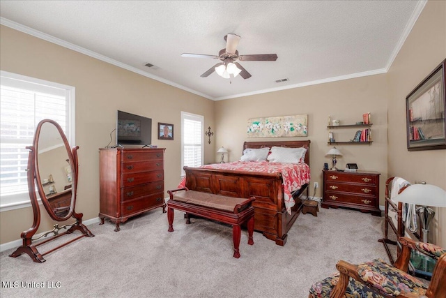 7199 Terrace Stone Dr, Olive Branch, MS 38654 - bedroom with a ceiling fan, light carpet, baseboards, visible vents, and ornamental molding