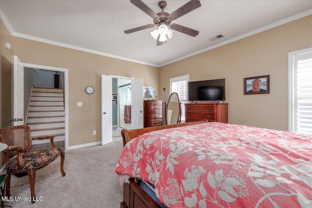 7199 Terrace Stone Dr, Olive Branch, MS 38654 - carpeted bedroom featuring baseboards, ornamental molding, visible vents, and a ceiling fan