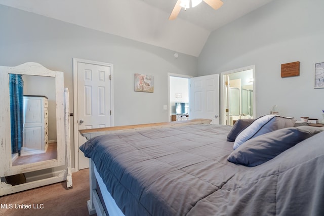 bedroom with carpet floors, high vaulted ceiling, ceiling fan, and ensuite bathroom