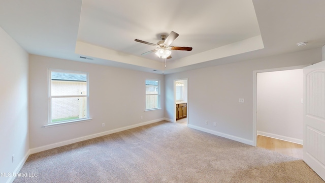 spare room featuring light carpet, a raised ceiling, and ceiling fan