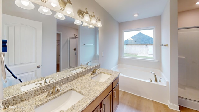 bathroom featuring vanity, plus walk in shower, and hardwood / wood-style flooring