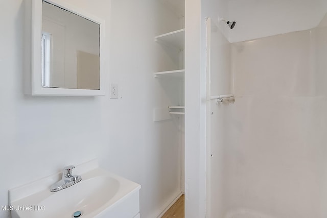 bathroom featuring walk in shower and a sink