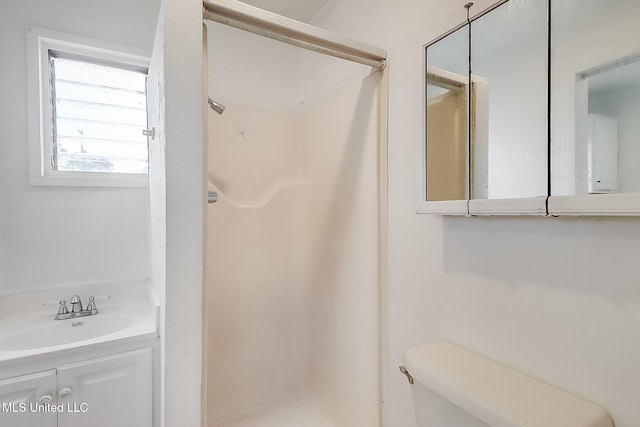 bathroom featuring a stall shower, vanity, and toilet